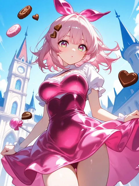 チョコとクッキーとお城、ピンクの髪の女の子