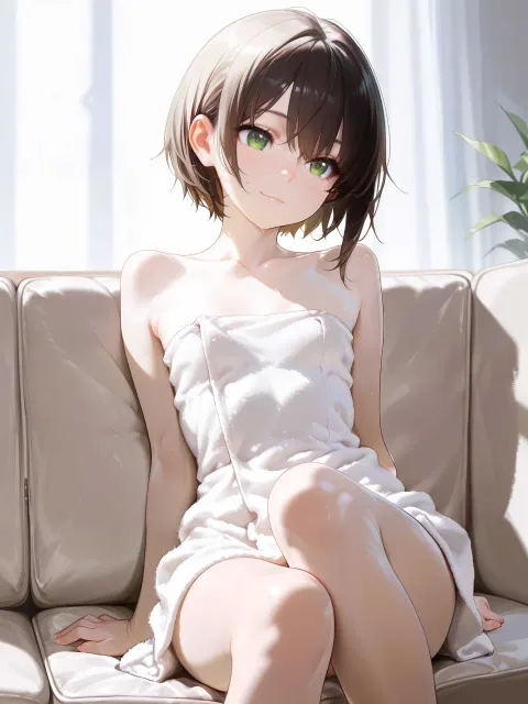 素肌にタオルを巻きつけた少女、ソファーに膝を抱えて腰かける