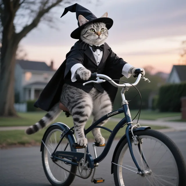 猫が魔法使いの格好(自転車に乗る時用)をしている