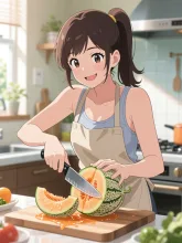 メロンを切っている女性