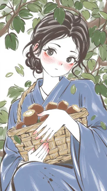 藍の作務衣を着て竹籠を抱えた日本人の成年女性、栗の木の下