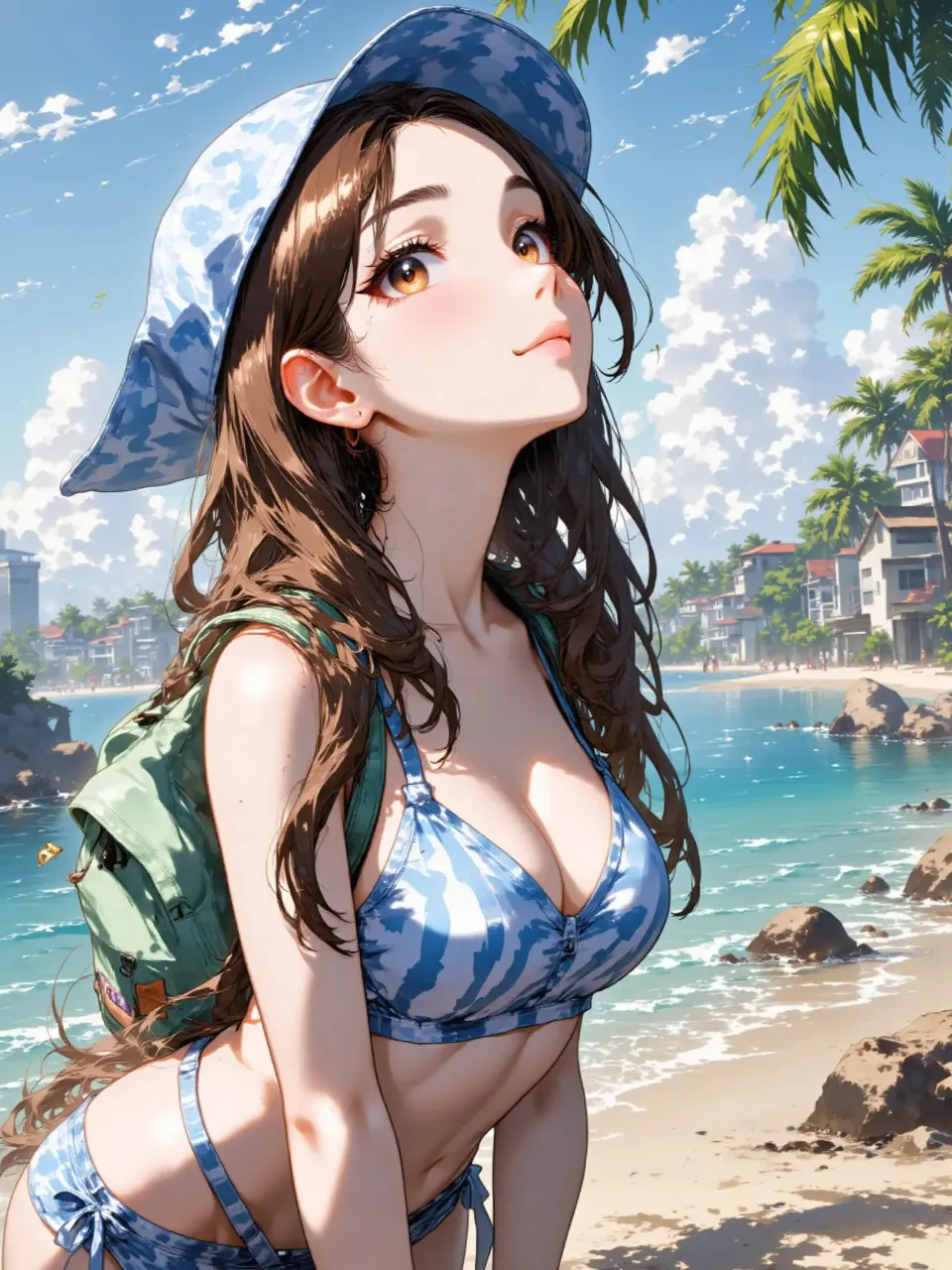 ビキニで見守る夏、監視員の女性 — ネコまるさんのAIイラスト