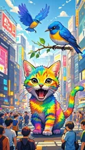 渋谷交差点で叫ぶ虹色子猫