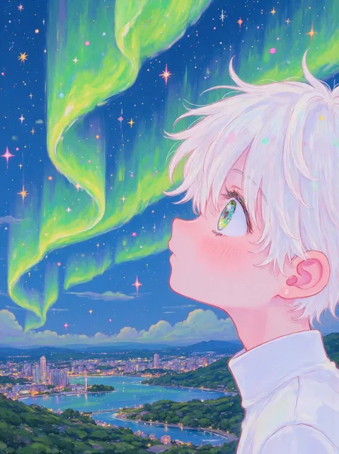オーロラを眺める少年