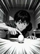 役に立たない深夜の卵立て特訓 — サトチさんのAIイラスト