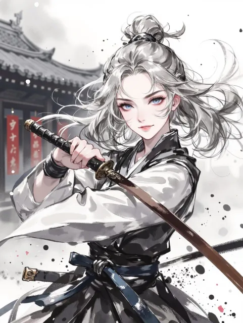 女剣士の成年女性、朝靄の道場、銀髪のミディアムヘア - 侍