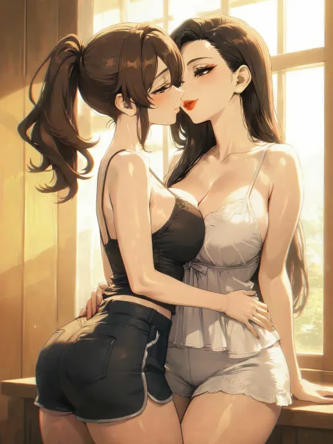 二人の女性について: 美しい大人女性が抱き合ってキスをしてい…