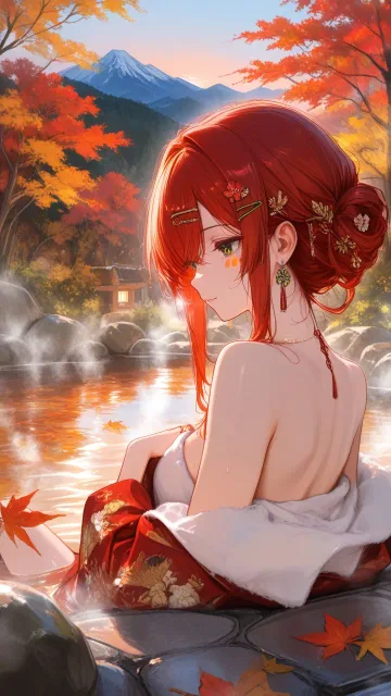 山間の温泉旅館、露天風呂から紅葉を眺める女性、湯気、秋の夕暮れ、赤と金色の木々、静かな山、日本の秋を感じる幻想的なアニメ
