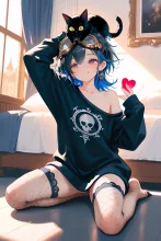 オーバーサイズのトレーナーで…パンク娘と黒ニャンコ…青 — たくりんさんのAIイラスト