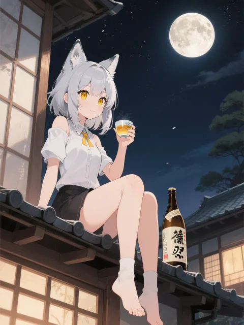 アニメイラスト風、金色の瞳、銀髪medium hair