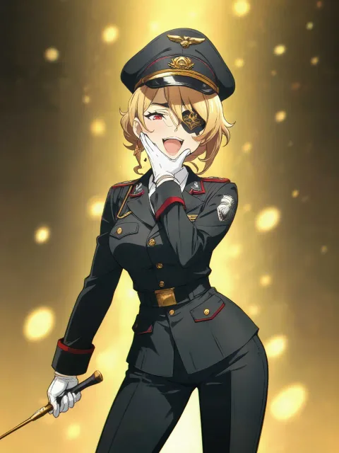 きちんとした服装、黒色の軍服を着た悪の女幹部の成年女性
