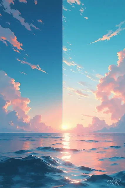 空と海の境界線、水平線が絵をきっちり二分する、文字は入れない