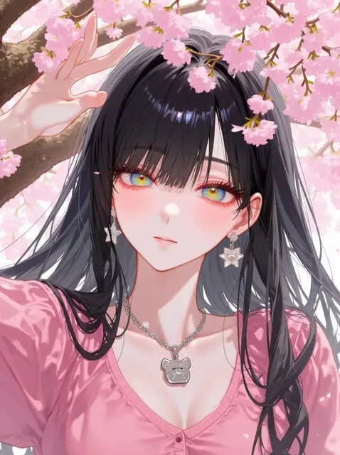 桜の木の下、茶髪ロングヘアの女の子