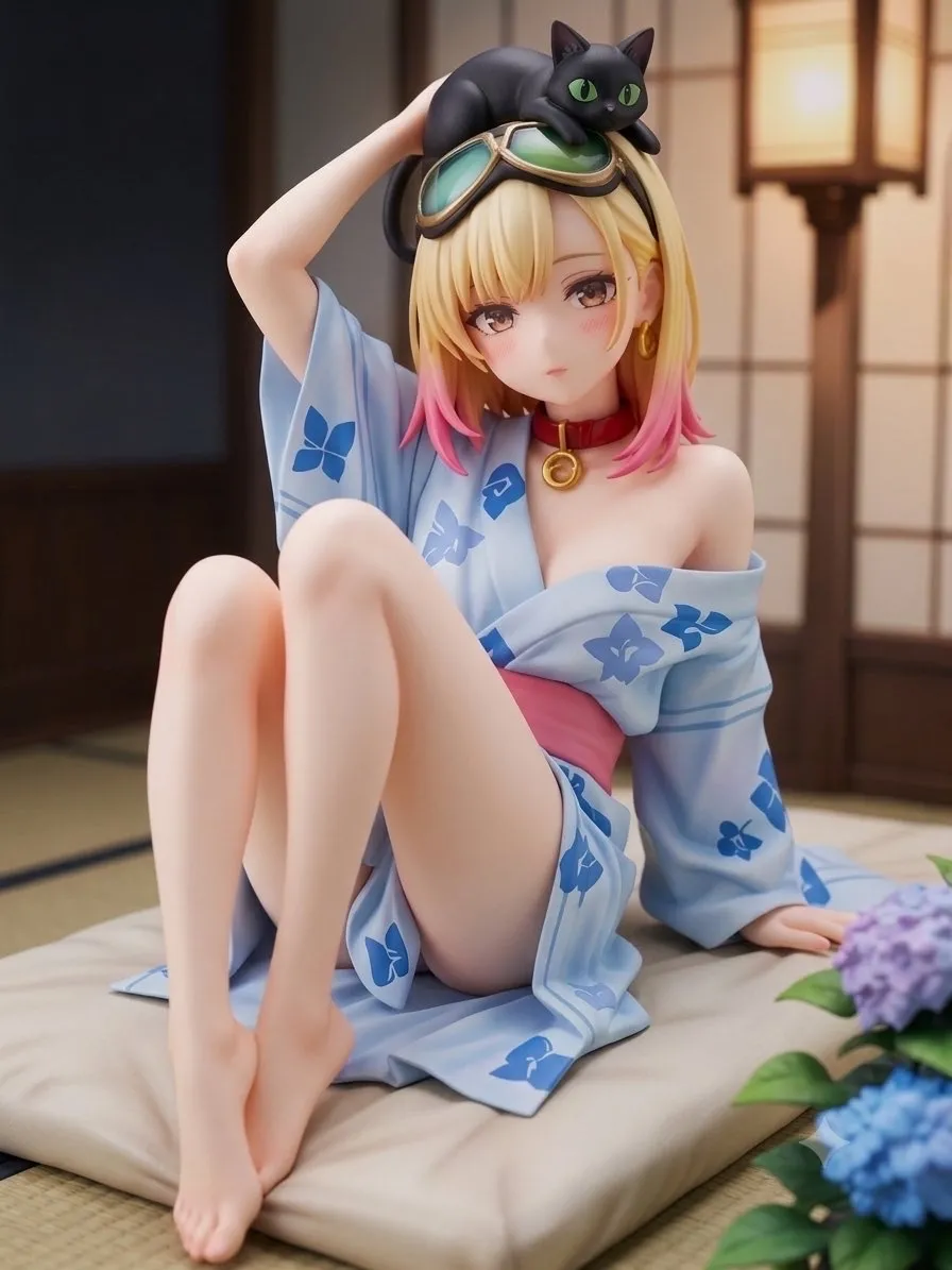 寝苦しい夜に浴衣ですわ…パンク娘と黒ニャンコ…フィギュア…金