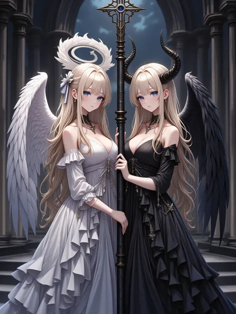 天使の輪の白い羽の天使と黒い翼の悪魔のドレス姿の色っぽい成年…