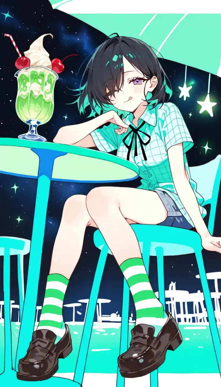 夜でも美味しいクリームソーダ — 彩まめさんのAIイラスト