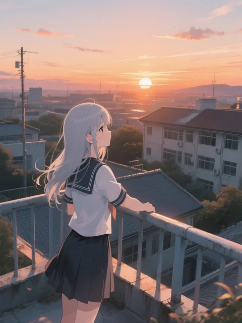 夕焼けのひととき、静かな風景、オレンジの光、やわらかな雰囲気