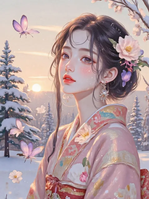 謹賀新年 着物姿の優しく微笑む女性に雪がひらりと舞い落ちる…