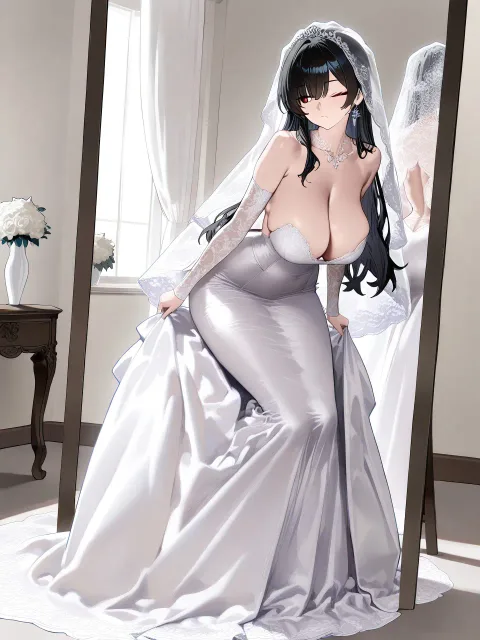 きちんとした服装、長いレースのベールをかぶった花嫁の成年女性