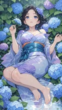 Lying on the hydrangeas