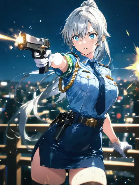 銀髪ポニーテール明るさと知性を兼ね備えた女子警察片手に拳銃を…