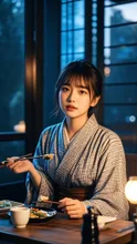 深夜の居酒屋に一人でいる美女　A beautiful woman at a late-night pub