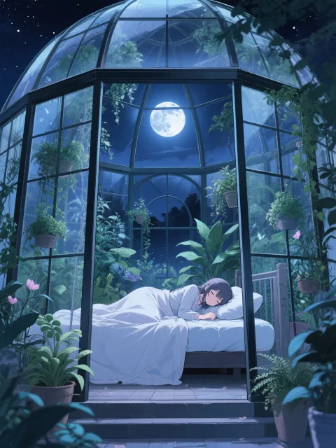 夜の温室で眠る、ガラス温室、月明かり、幻想的な雰囲気