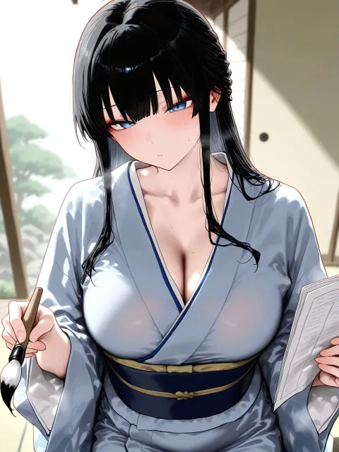 きちんとした服装、着物姿の女性、紙と筆を持ち、悩む顔(表情)