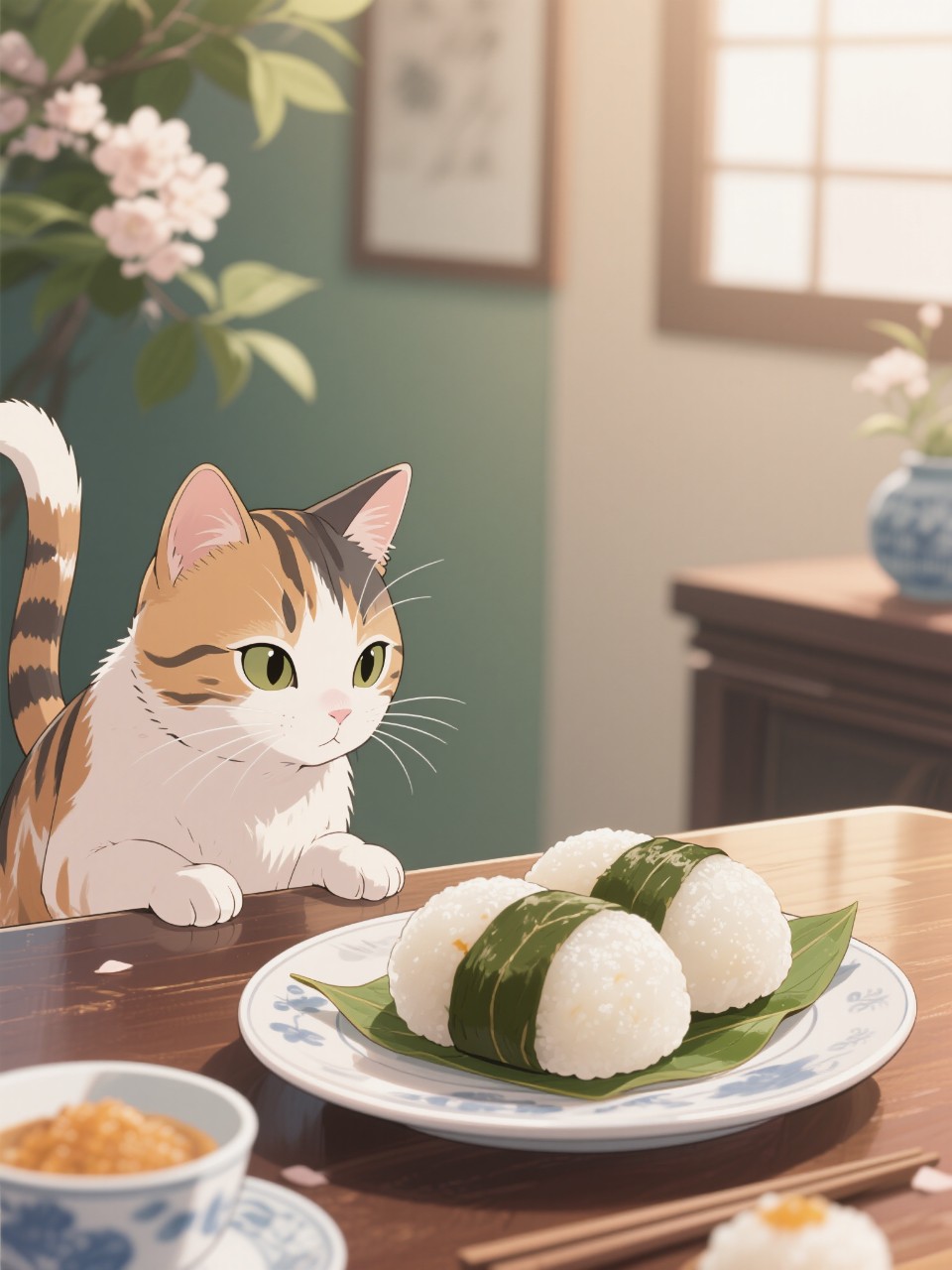 ちゃぶ台の上にある柏もちをみる猫 — neko(⁠｡⁠･⁠ω⁠･⁠｡⁠)⁠ﾉ⁠さんのAIイラスト