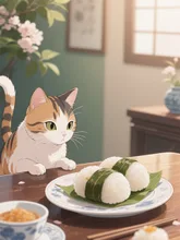 ちゃぶ台の上にある柏もちをみる猫 — neko(⁠｡⁠･⁠ω⁠･⁠｡⁠)⁠ﾉ⁠さんのAIイラスト