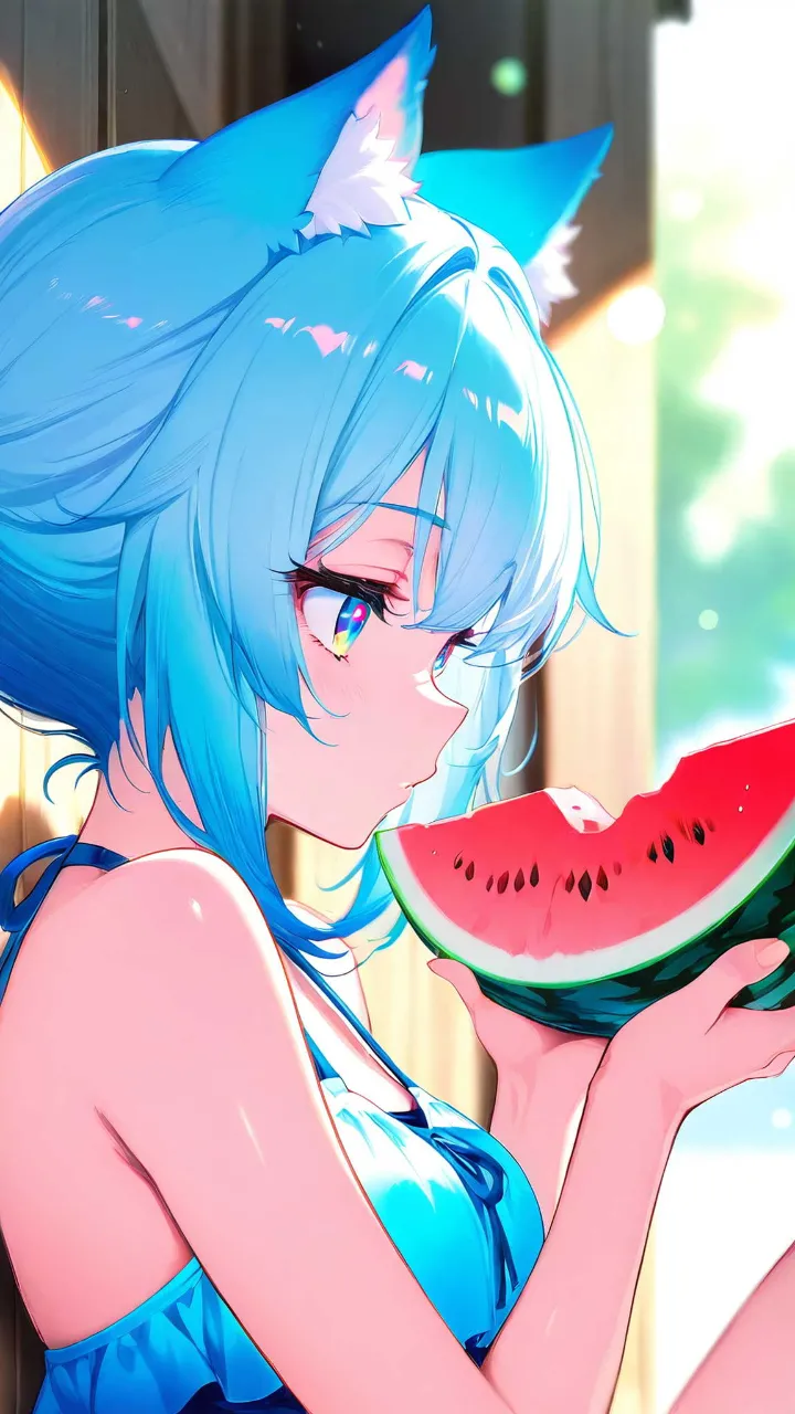 水色のスイカと縁側・猫耳少女