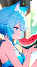 水色のスイカと縁側・猫耳少女