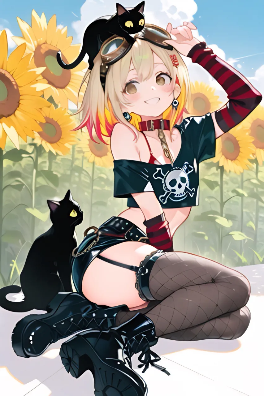 向日葵畑にやって来た…パンク娘と黒ニャンコ…黄