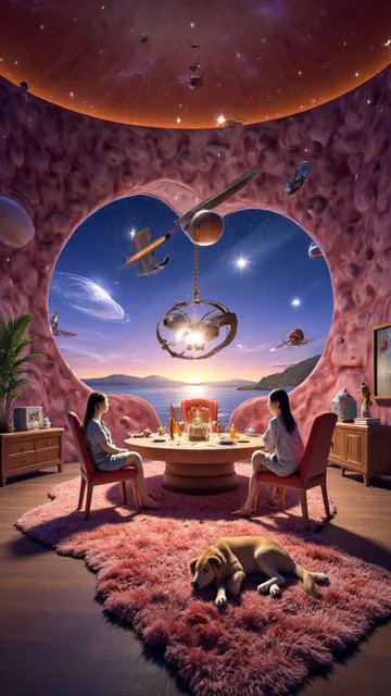 大きな部屋、周りは銀河系の中心、太陽のテーブル、彗星の椅子