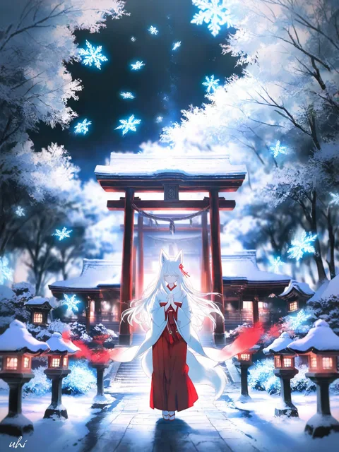 初詣、雪の夜