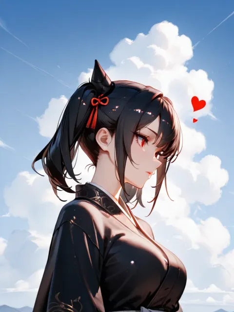 黒髪美女と入道雲