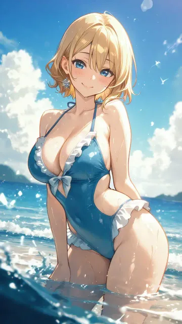 ビーチの水着美女、青い海と夏空、波打ち際、はにかむ笑顔