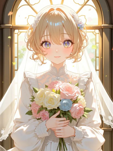きちんとした服装、長いレースのベールをかぶった花嫁の成年女性