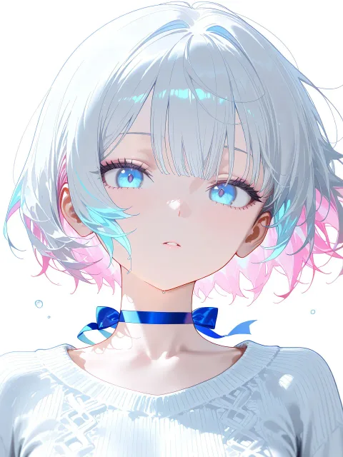 水色の長い髪がふわりと浮かぶ少女、青い瞳、白い毛糸の服