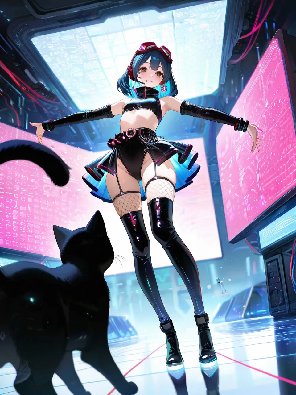 サイバーなeスポーツ会場にやってきた…パンク娘と黒ニャンコ…青 — たくりんさんのAIイラスト