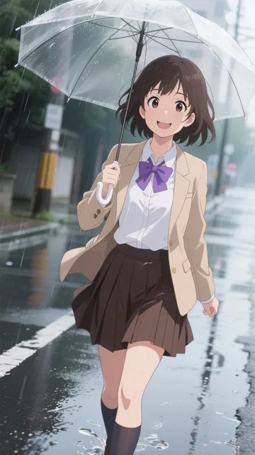 雨の中を歩く女子高生