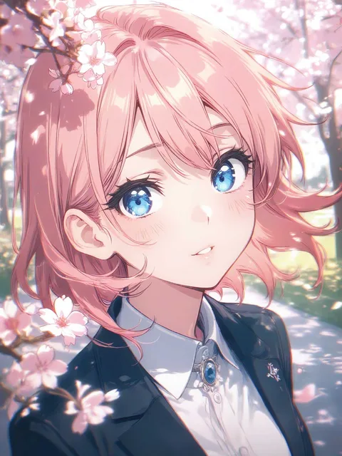桜に囲まれた少女のポートレート、繊細な表情 - 桜の物語