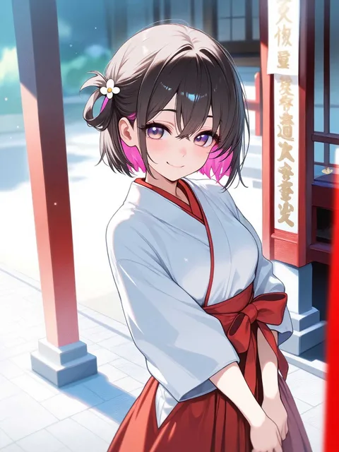 巫女服を着て境内を散歩している巫女さん - 画像生成チャレンジ