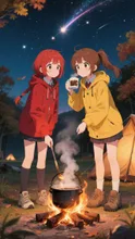 双子と焚き火とココア
