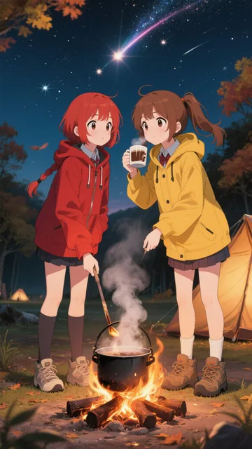 双子と焚き火とココア