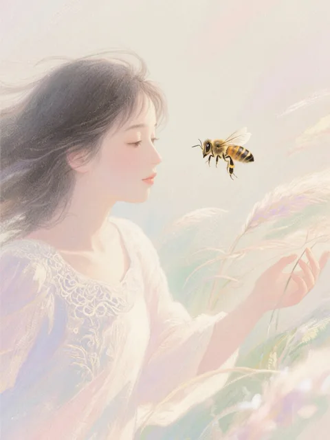 風に揺れる花に近づく蜂 - 画像生成チャレンジ