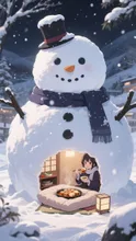 お爺ちゃんが大きな雪だるまを作ってくれました。お婆ちゃんのおでんを食べてます😁
