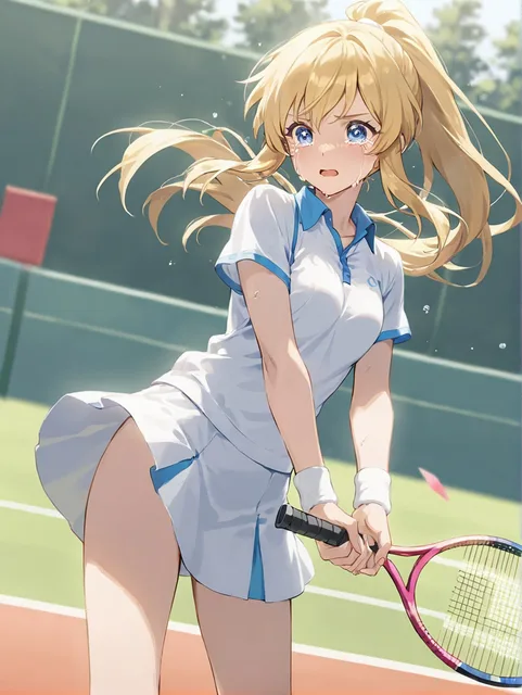 テニスの試合で優勝して、ラケットを持って泣いている少女