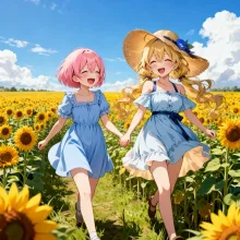 向日葵畑で明梨ちゃんとマリーの散策　明日菜賛太郎さんとキャラコラボ♥ — 向日葵畑イラストのAIイラスト｜SUPPART