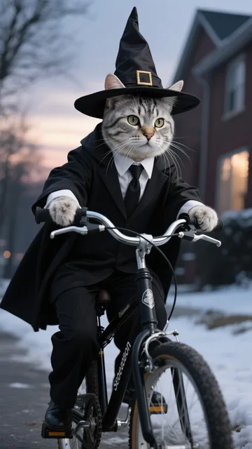 猫が魔法使いの格好(自転車に乗る時用)をしている